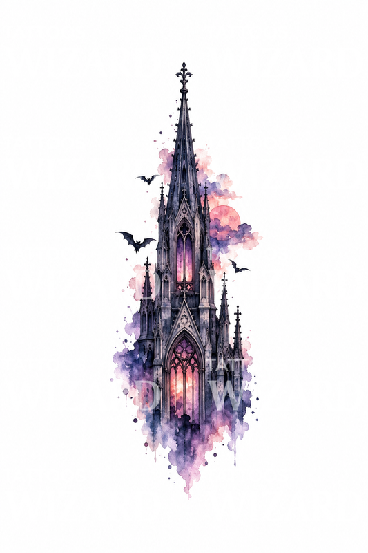Gotycka wieża katedry z nietoperzami o zmierzchu w stylu watercolor