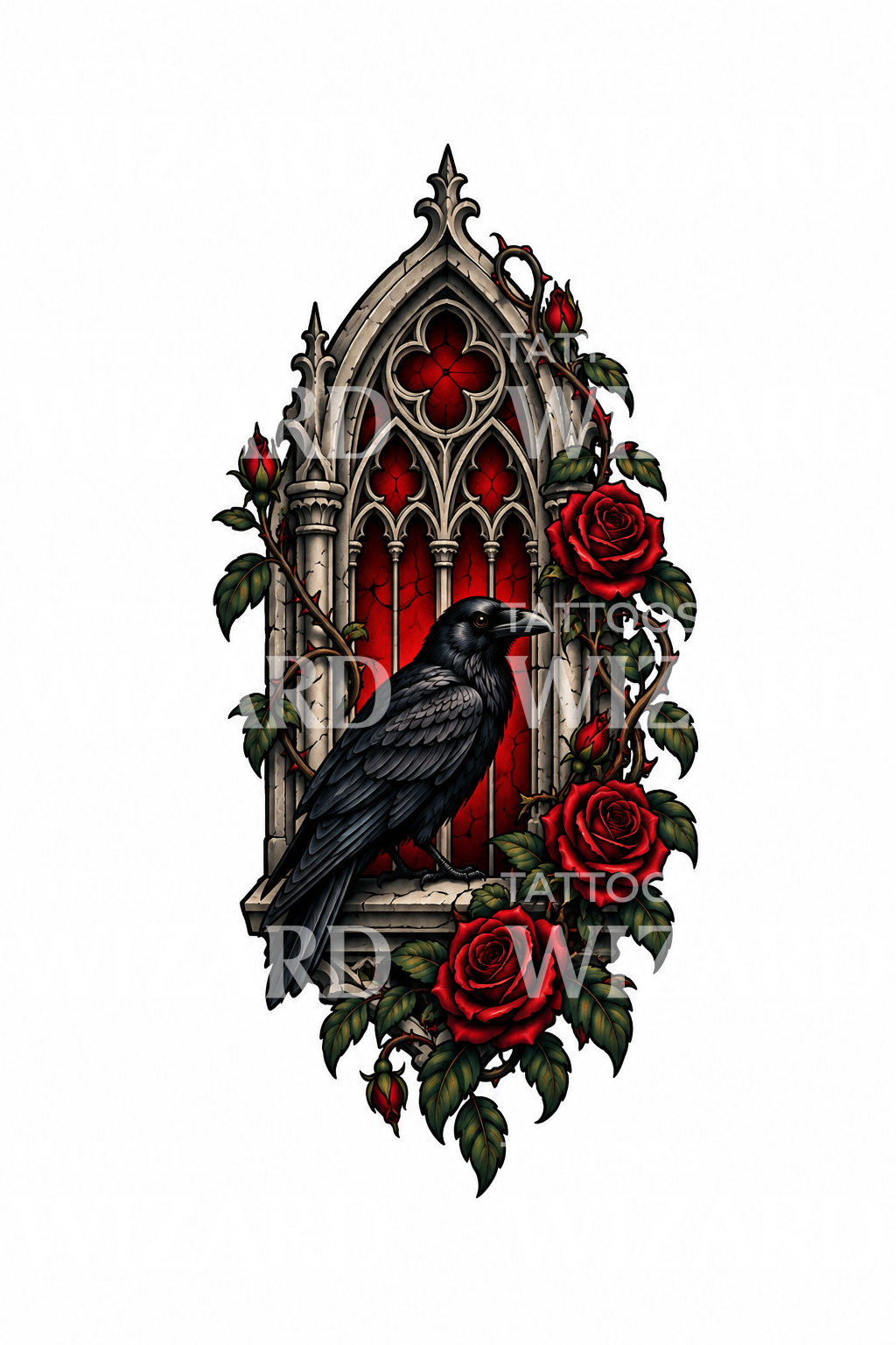 Vitral gótico de catedral com corvo e rosas vermelhas