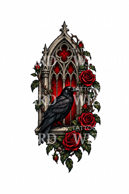 Vitral gótico de catedral com corvo e rosas vermelhas