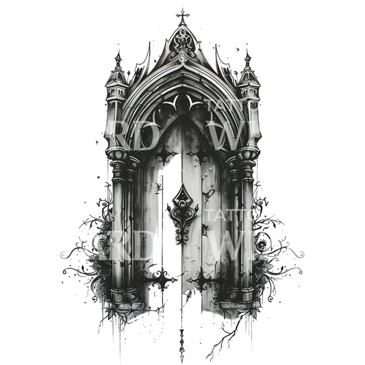 Conception de tatouage de porte d'église gothique