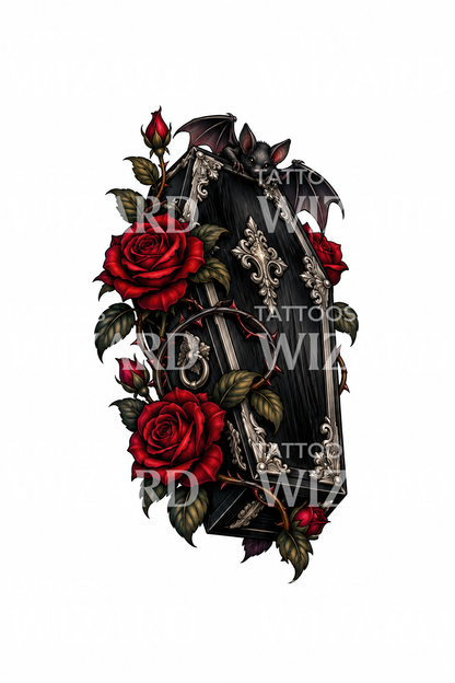Gothic Coffin with Red Roses and Bat Tattoo Illustration