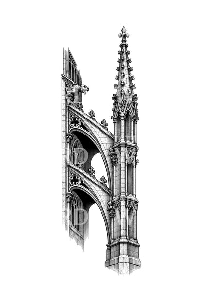 Gothic Flying Buttress Pinnacle Tattoo Design