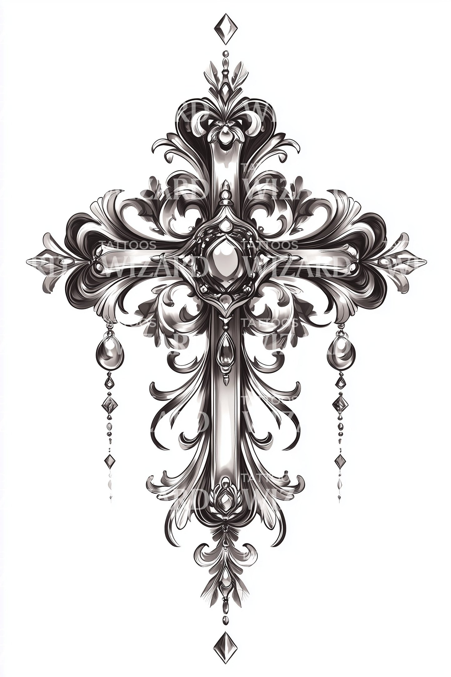 Gothic Jewel Drop Cross Tattoo Design