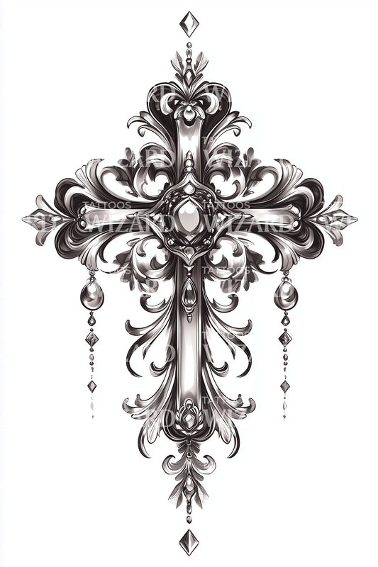 Gothic Jewel Drop Cross Tattoo Design