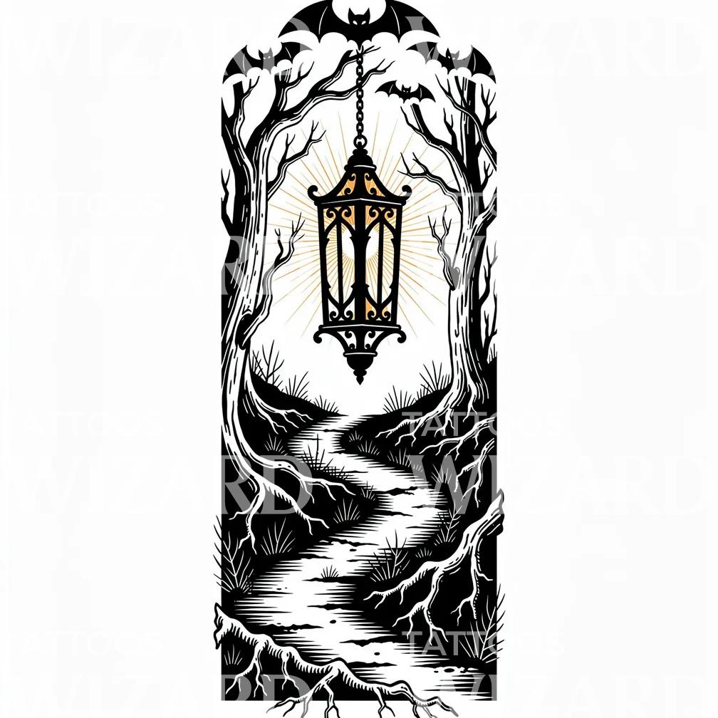 Motif de tatouage gothique lanterne en forêt