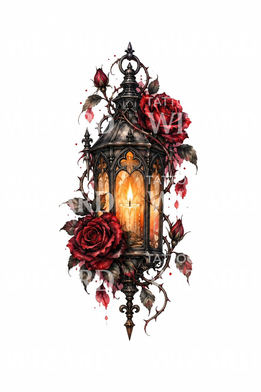 Tatouage aquarelle de lanterne gothique aux roses rouges