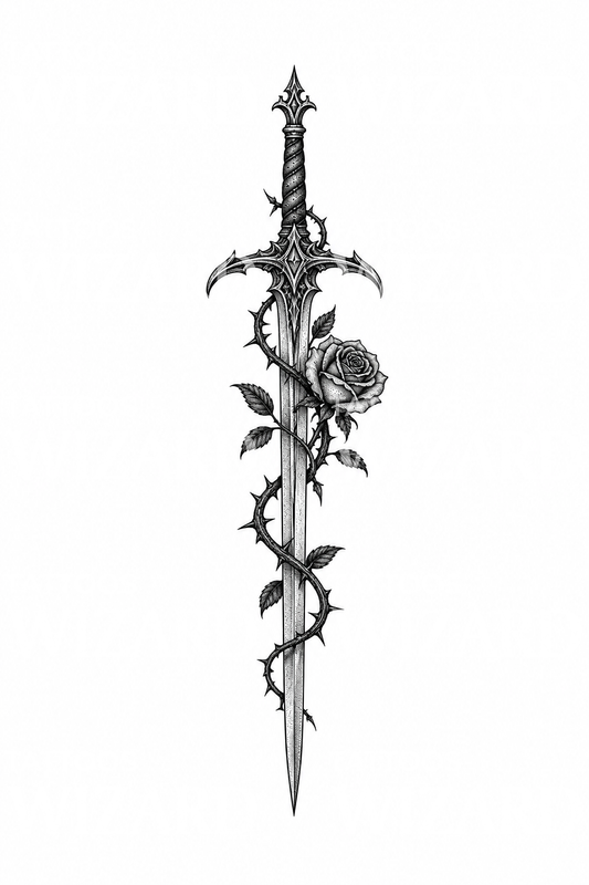 Gothic Longsword with Thorned Rose Stippled Tattoo