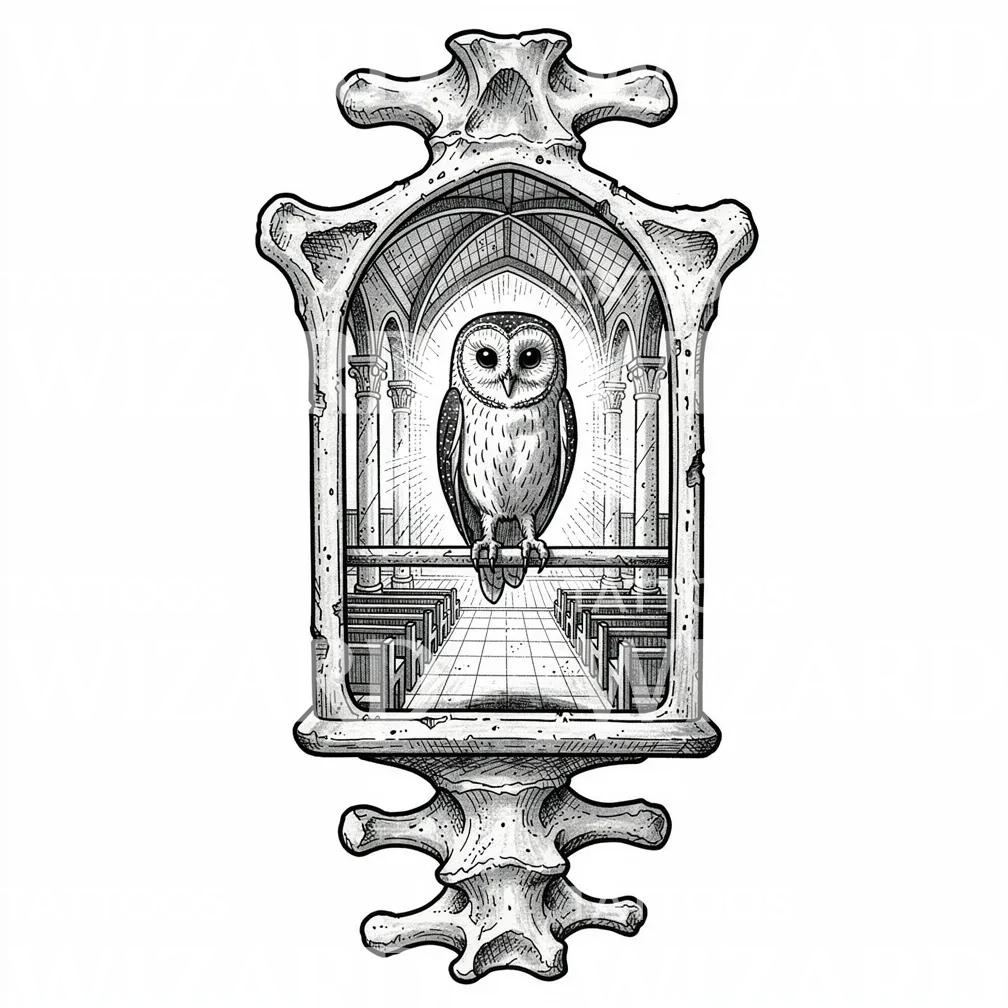 Gothic Owl Cathedral Tattoo Design