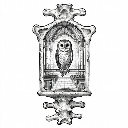 Gothic Owl Cathedral Tattoo Design