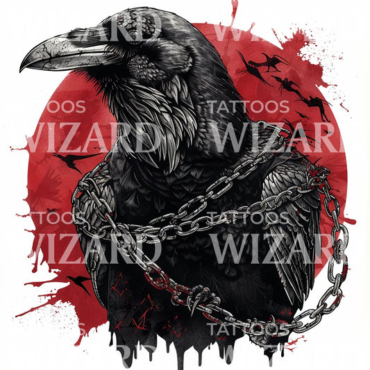 Gothic Raven Ensnared by Chains Tattoo Illustration