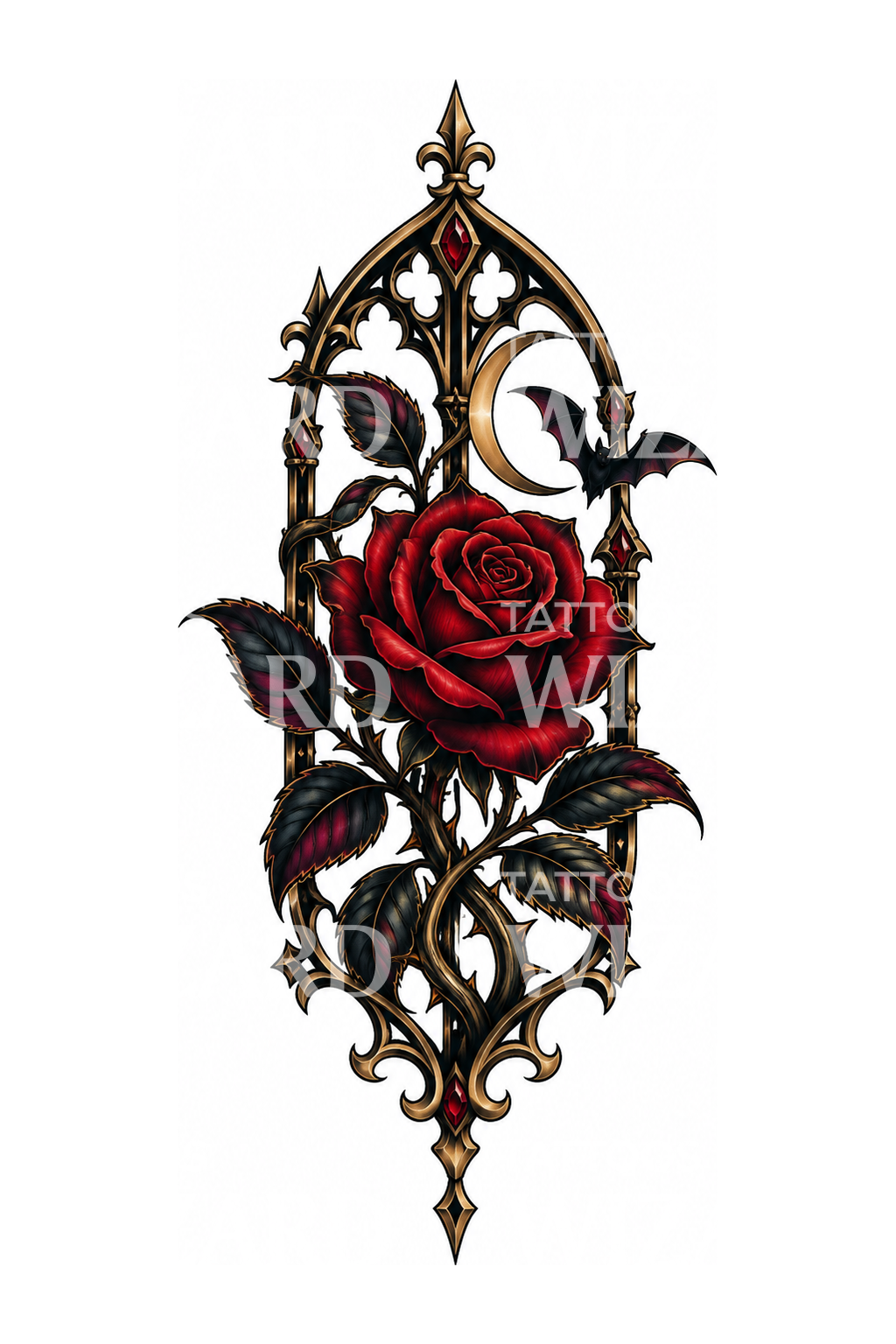 Rosa gotica in una vetrata di cattedrale, tatuaggio
