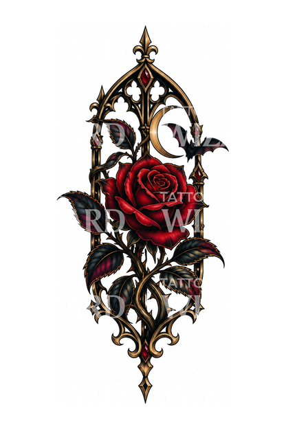 Rosa gotica in una vetrata di cattedrale, tatuaggio