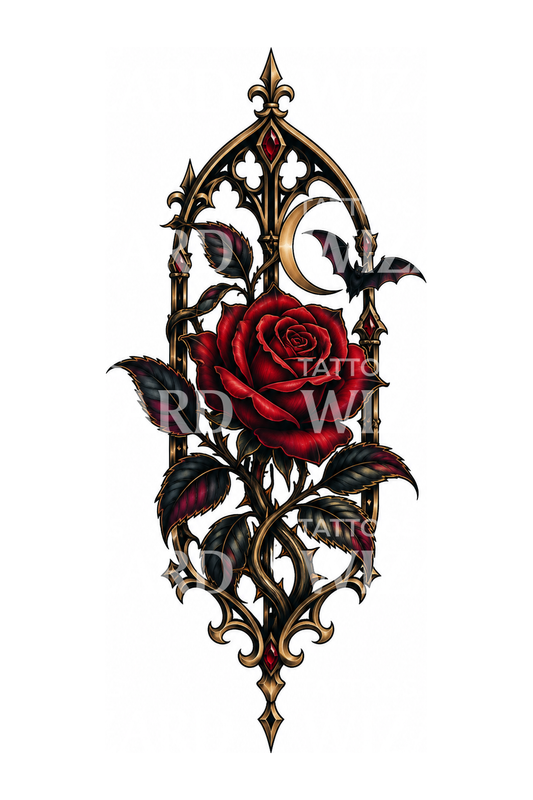Gotische Rose im Kathedralfenster, Tattoo-Design