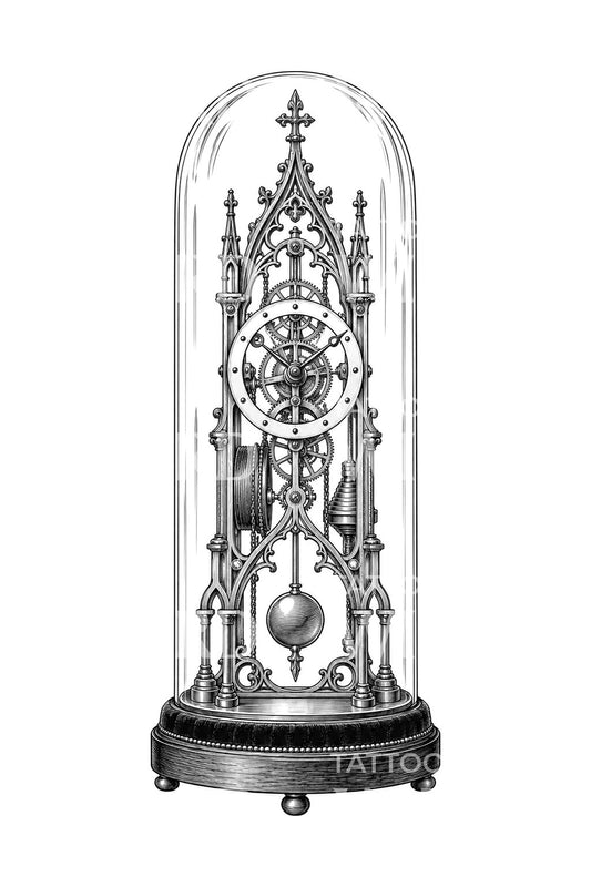 凯尔特 skeleton clock under glass dome tattoo illustration