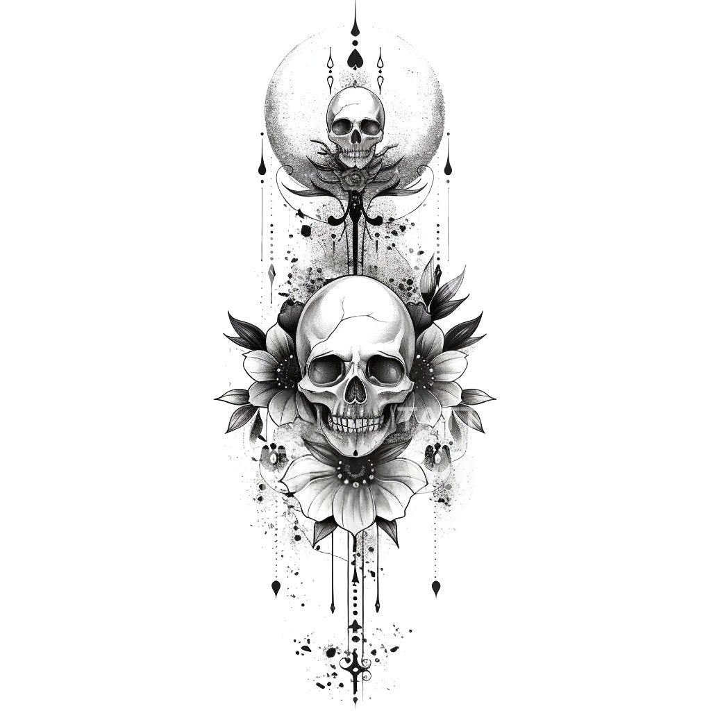 Gothic Skull with Floral Symmetry Tattoo Design