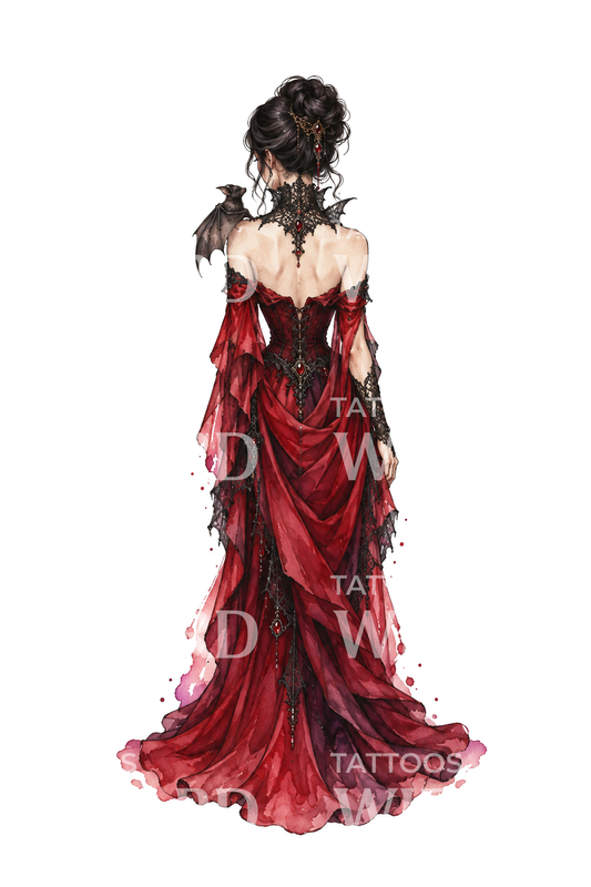 Gothic Vampire Countess in Crimson Gown Watercolor Tattoo