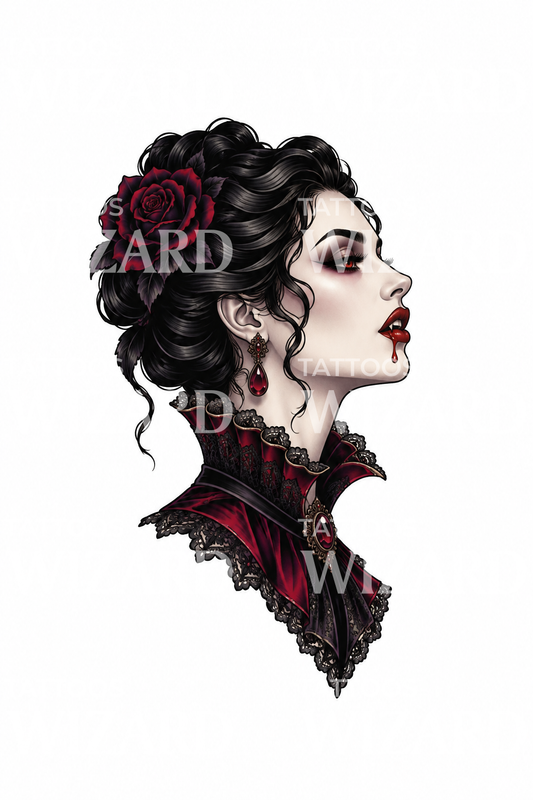 Design di tattoo della contessa vampira gotica di profilo