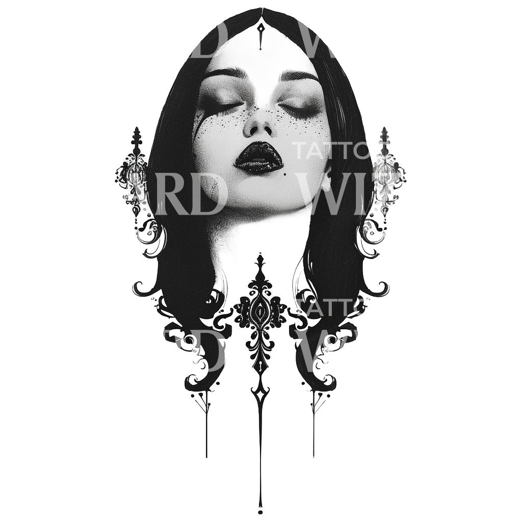 Gothic Woman with Reflective Symmetry Tattoo Design