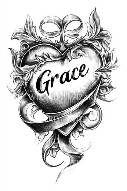 Grace Heart Banner Tattoo Design