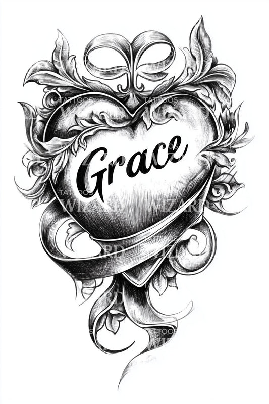 Grace Heart Banner Tattoo Design