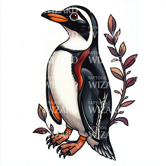 Graceful Penguin with Botanical Accent Tattoo Design