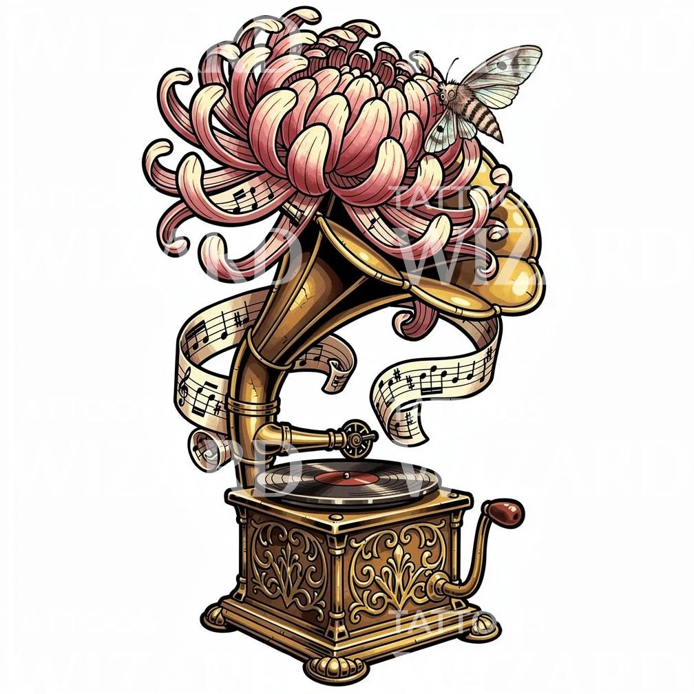 Gramophone Chrysanthemum Melody Tattoo Design