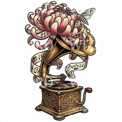 Gramophone Chrysanthemum Melody Tattoo Design
