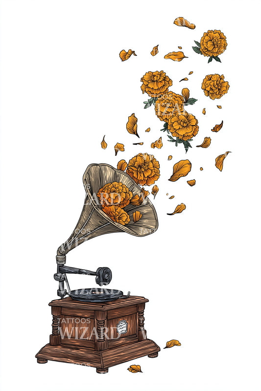 Gramophone Petal Shower Tattoo Design