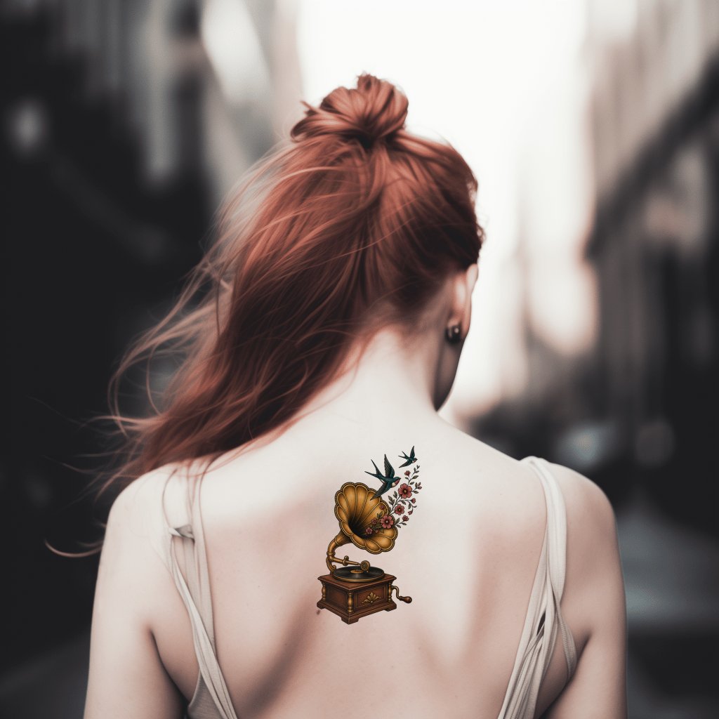 Vintage Gramophone with Swallows Tattoo Idea
