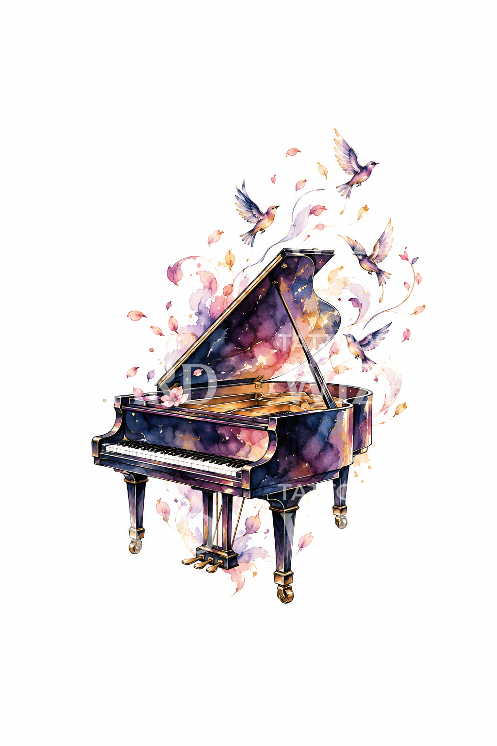 Tato piano dengan not musik yang berubah menjadi burung