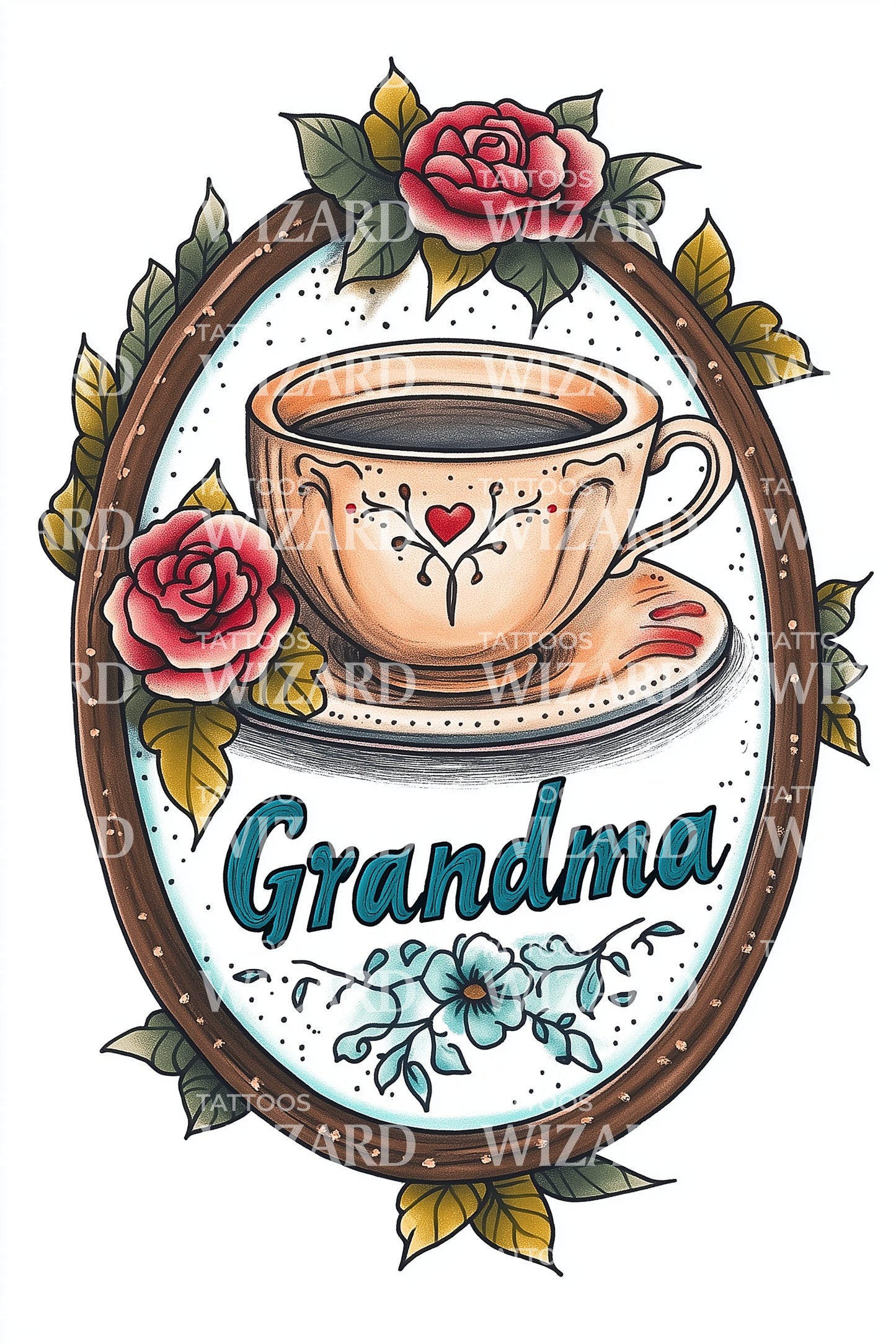 Grandma Floral Portrait Tattoo Design