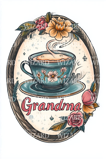 Grandma Rose Teacup Tattoo Illustration