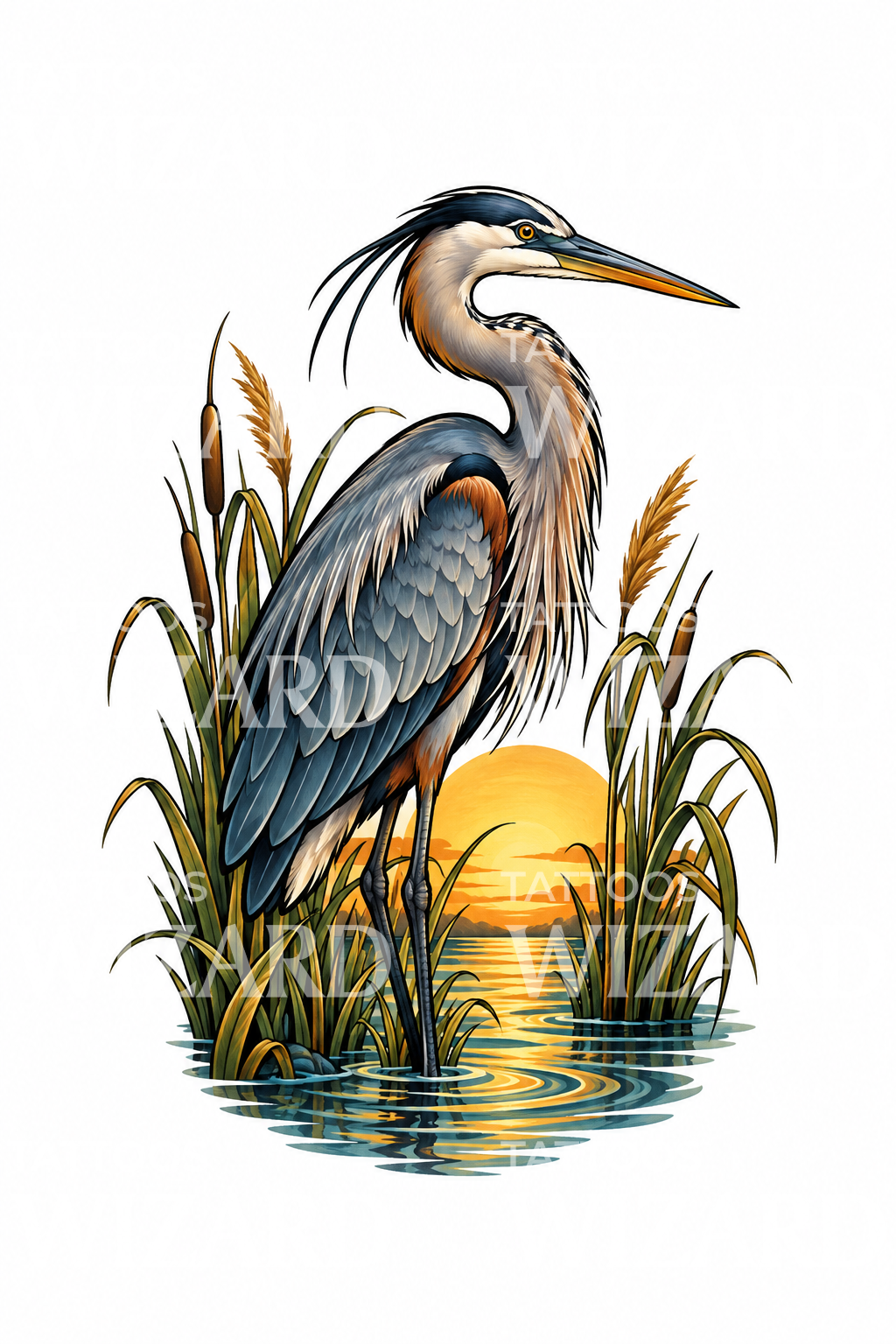 Great Blue Heron in Reeds at Sunrise Tattoo Illustration