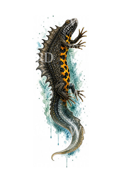 Aquarell-Tattoo-Design des Kammmolchs