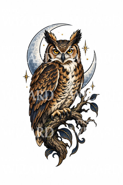Design per tatuaggio di gufo reale e luna crescente