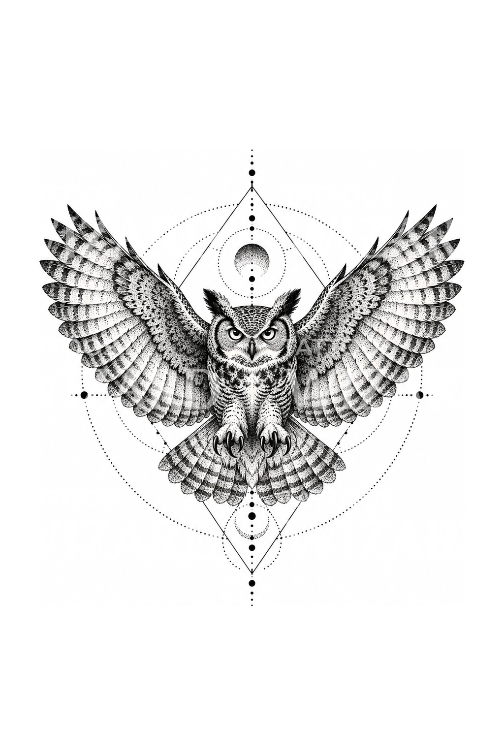 Virginia-oehoe in heilige geometrie, dotwork-tatoeage