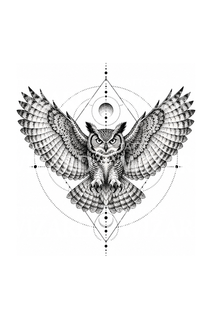 Virginia-oehoe in heilige geometrie, dotwork-tatoeage