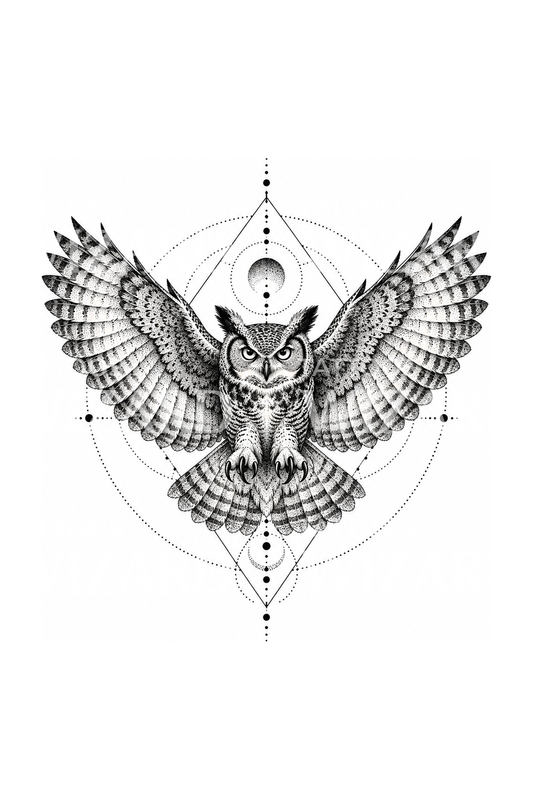 Stor hornugle i hellig geometri, dotwork-tatovering