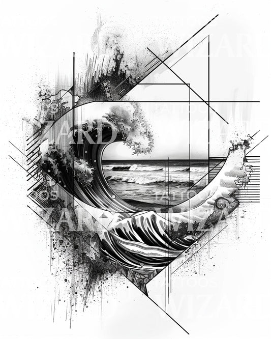 Great Wave and Geometric Shapes Tattoo Design