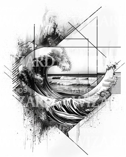 Great Wave and Geometric Shapes Tattoo Design