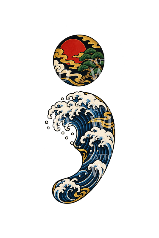 Great Wave Semicolon Japanese Tattoo