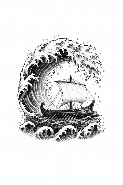 Greek Galley Great Wave Tattoo Design