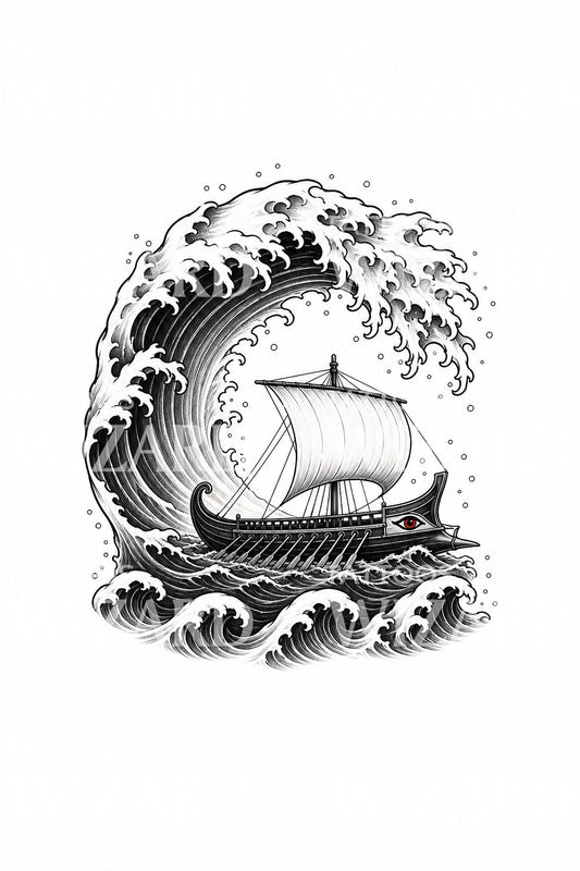 希腊桨帆船巨浪纹身设计