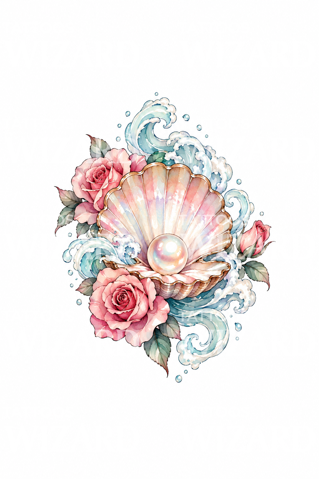 Tatouage de la déesse grecque Aphrodite avec coquillage, perle et roses