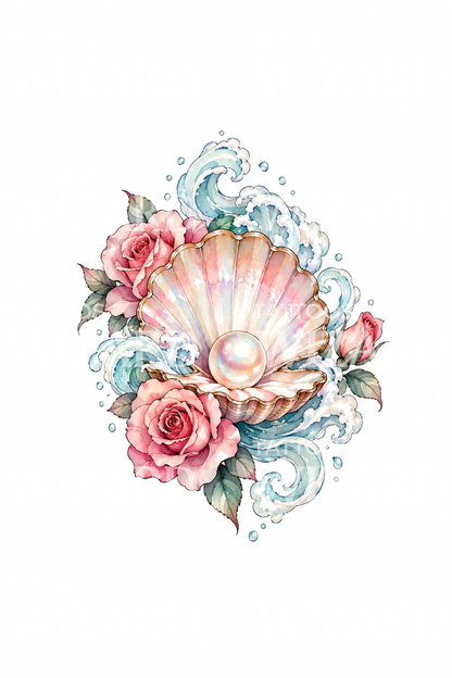 Tatouage de la déesse grecque Aphrodite avec coquillage, perle et roses
