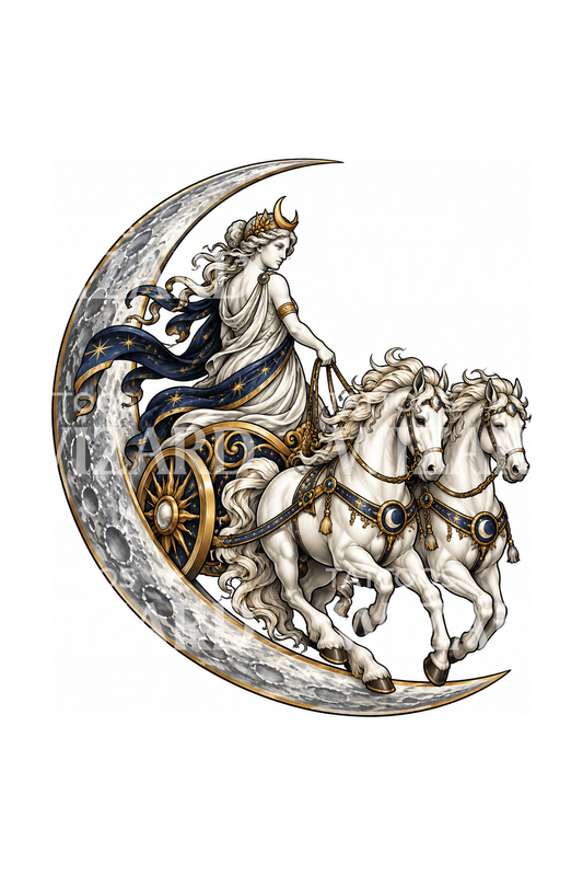 Greek Goddess Selene Moon Chariot with White Horses Tattoo