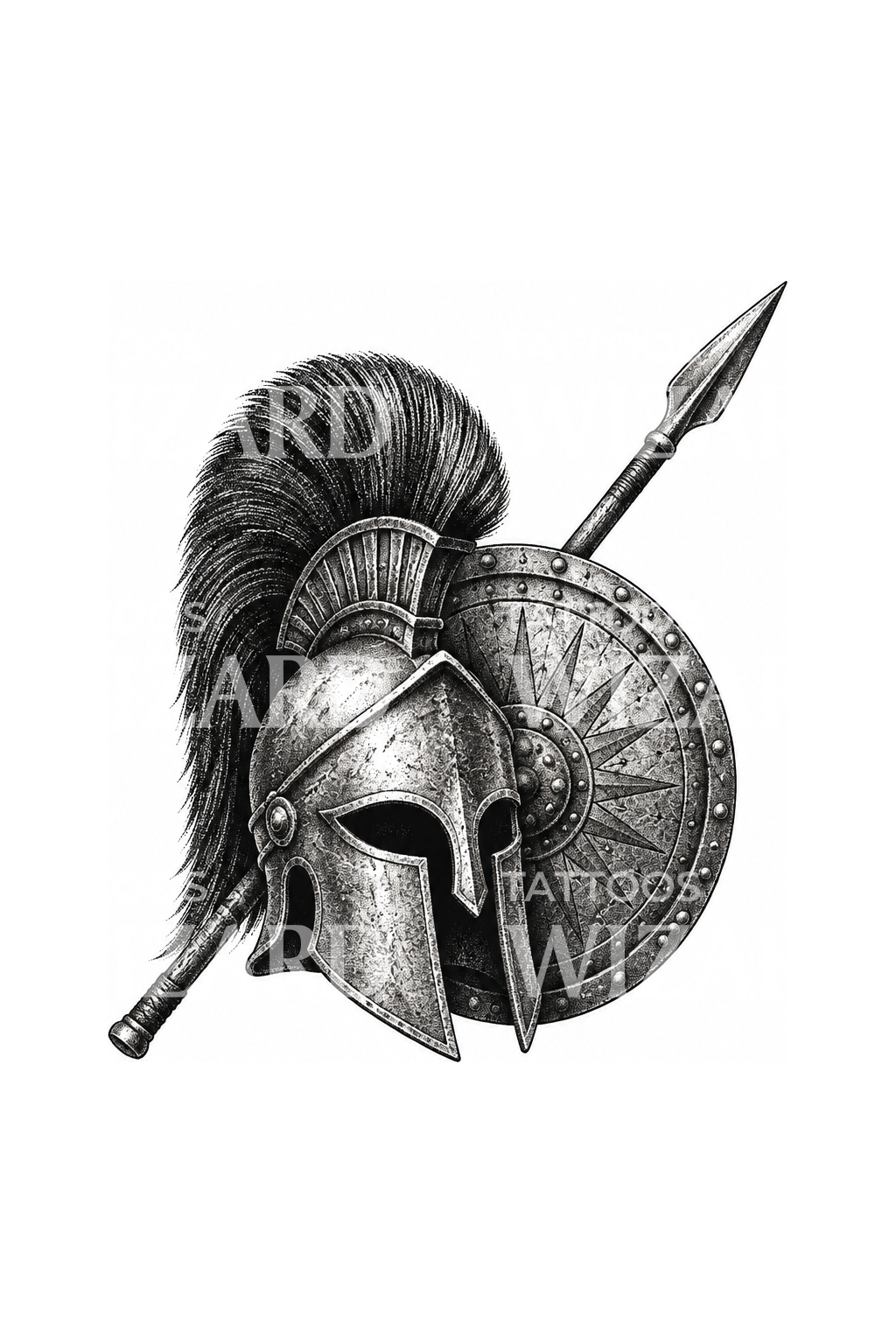 Tatouage casque, bouclier et lance d’hoplite grec