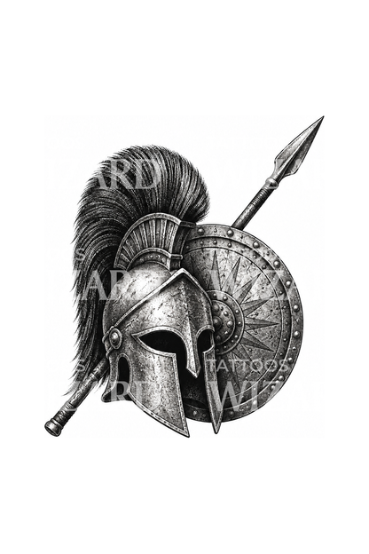 Tatouage casque, bouclier et lance d’hoplite grec