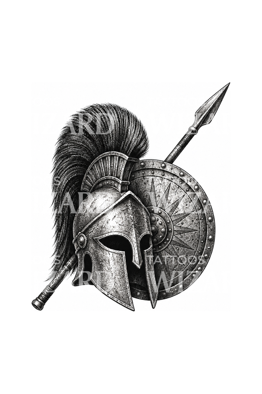 Tatouage casque, bouclier et lance d’hoplite grec