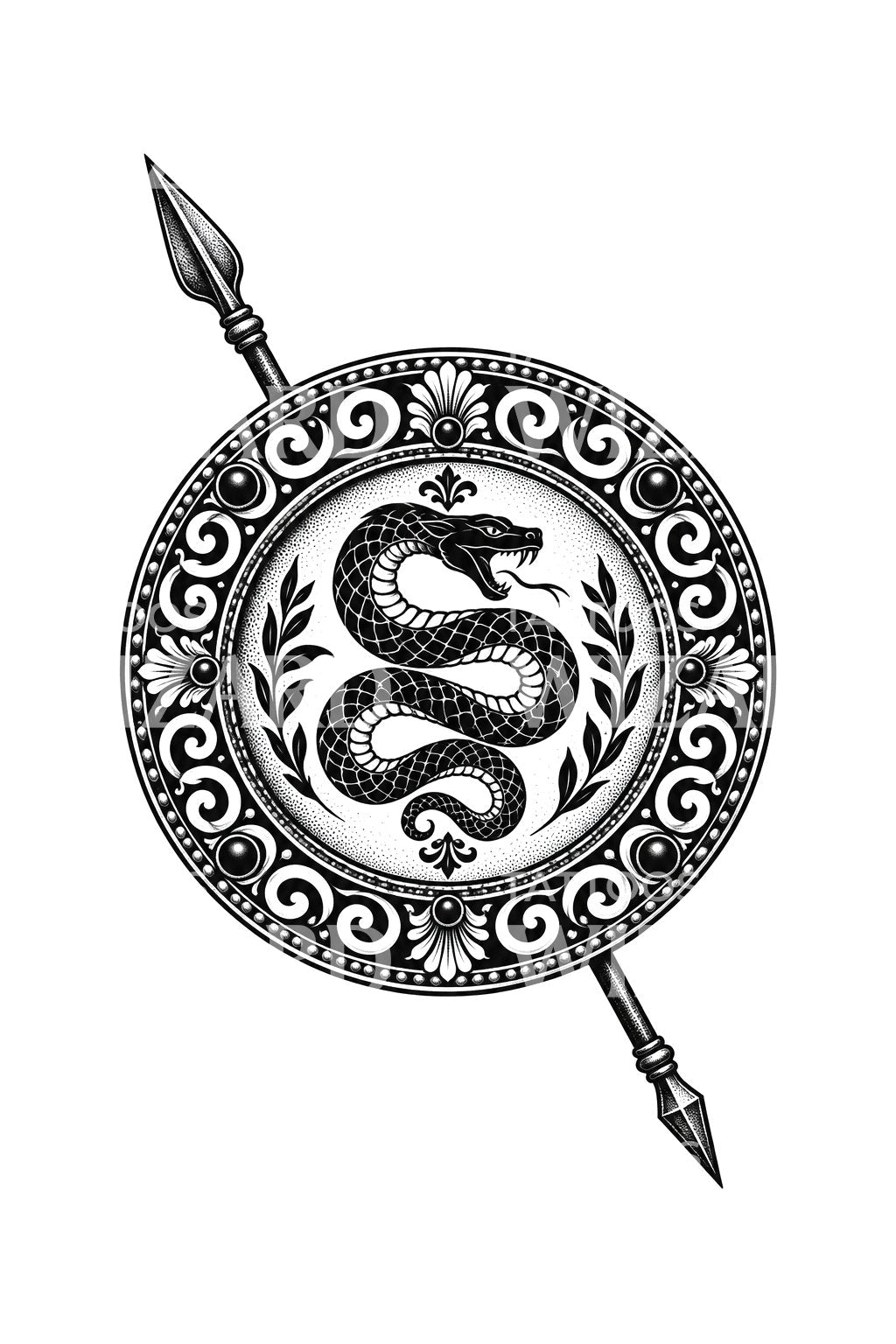 Greek Hoplite Shield and Spear Blackwork Tattoo Design